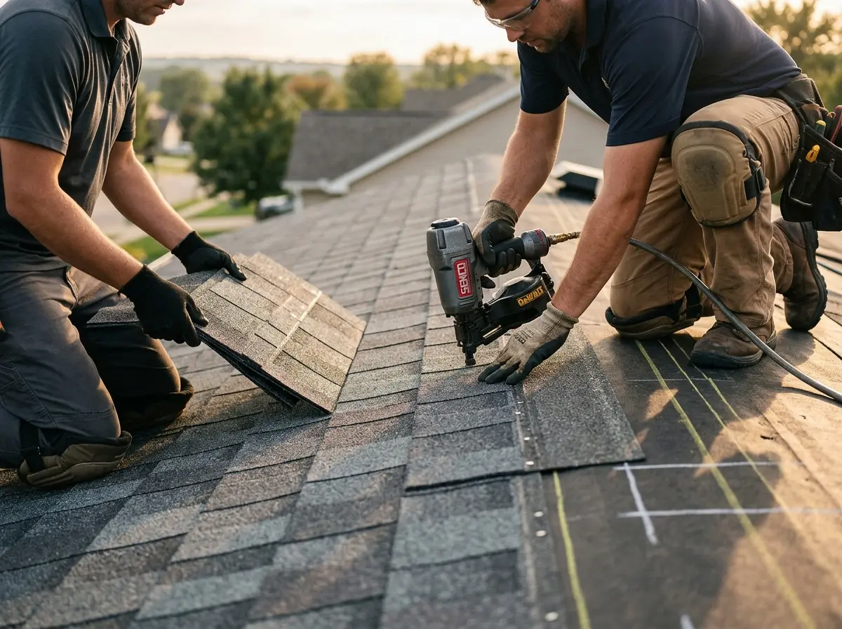 Professional roofer working on a residential roof in Tustin